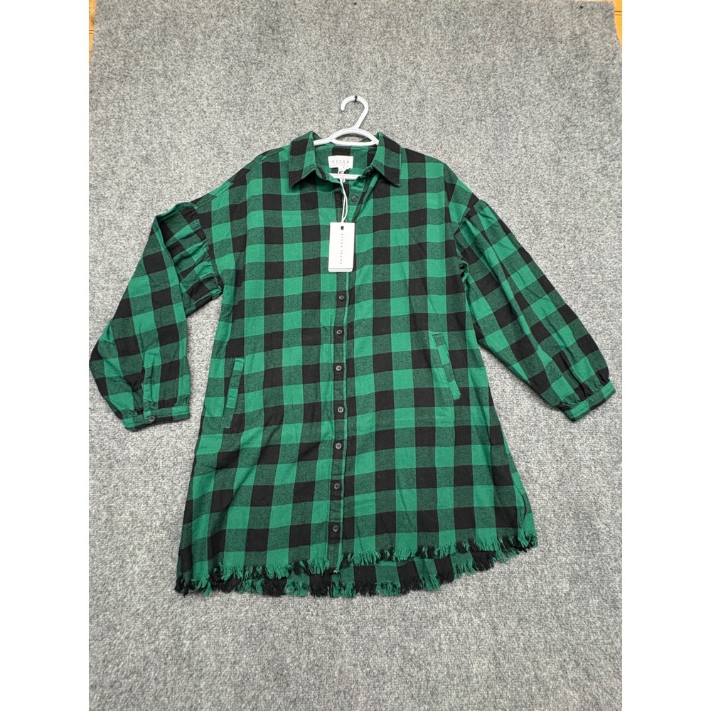 Risen Jeans Green Black Buffalo Plaid Frayed Hem Shirt Dress RDJ9079 Medium NWT